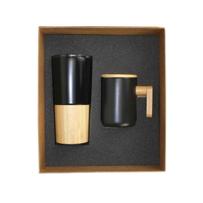 Natural Cardboard Gift Box - Travel Tumbler with Bamboo & Black Ceramic Mug with Bamboo Handle